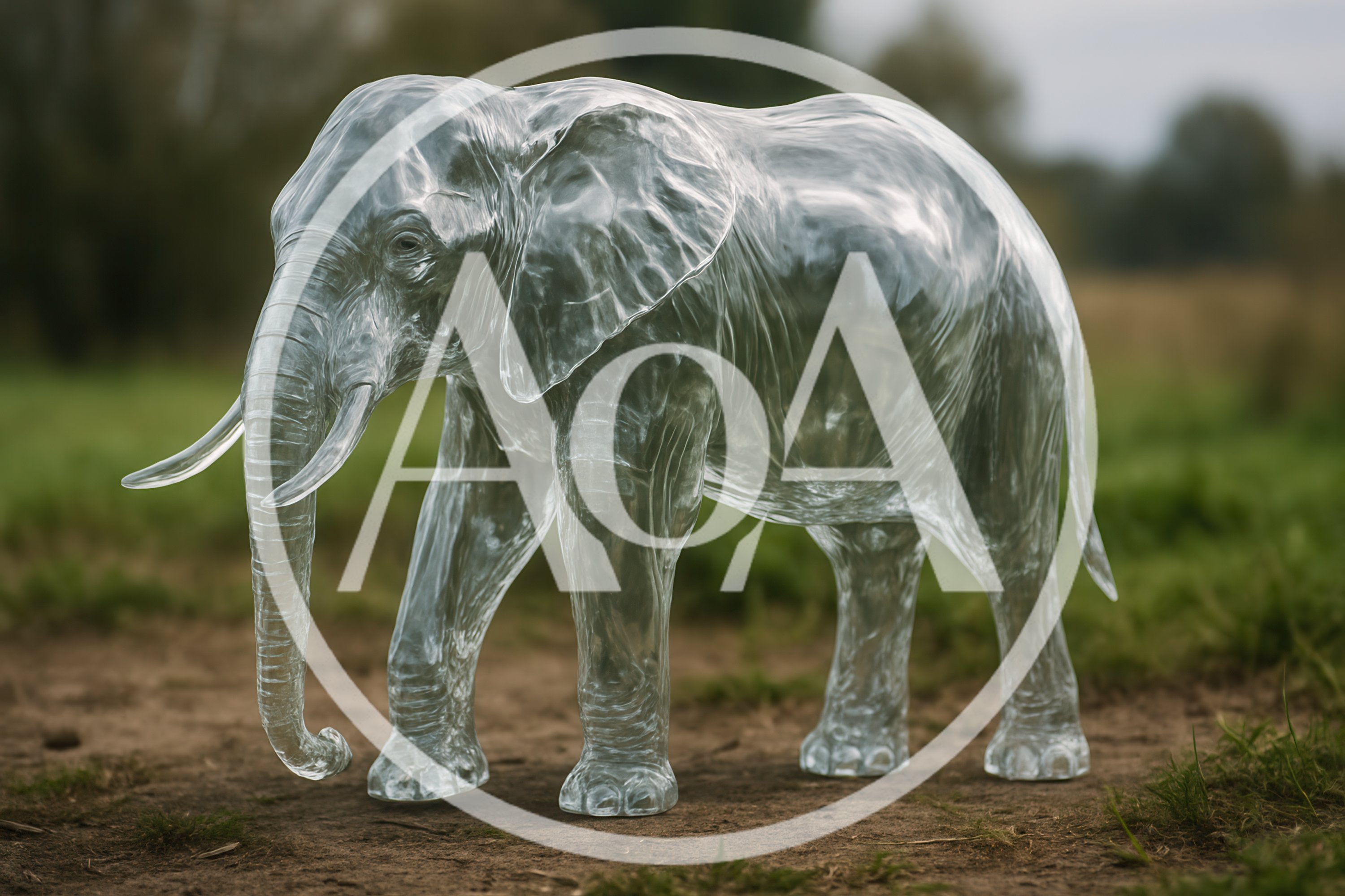 Transparent Glass Elephant Sculpture In A Natural Landscape