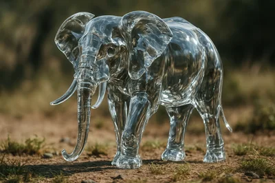Transparent Glass Elephant Sculpture Standing On Dry Ground