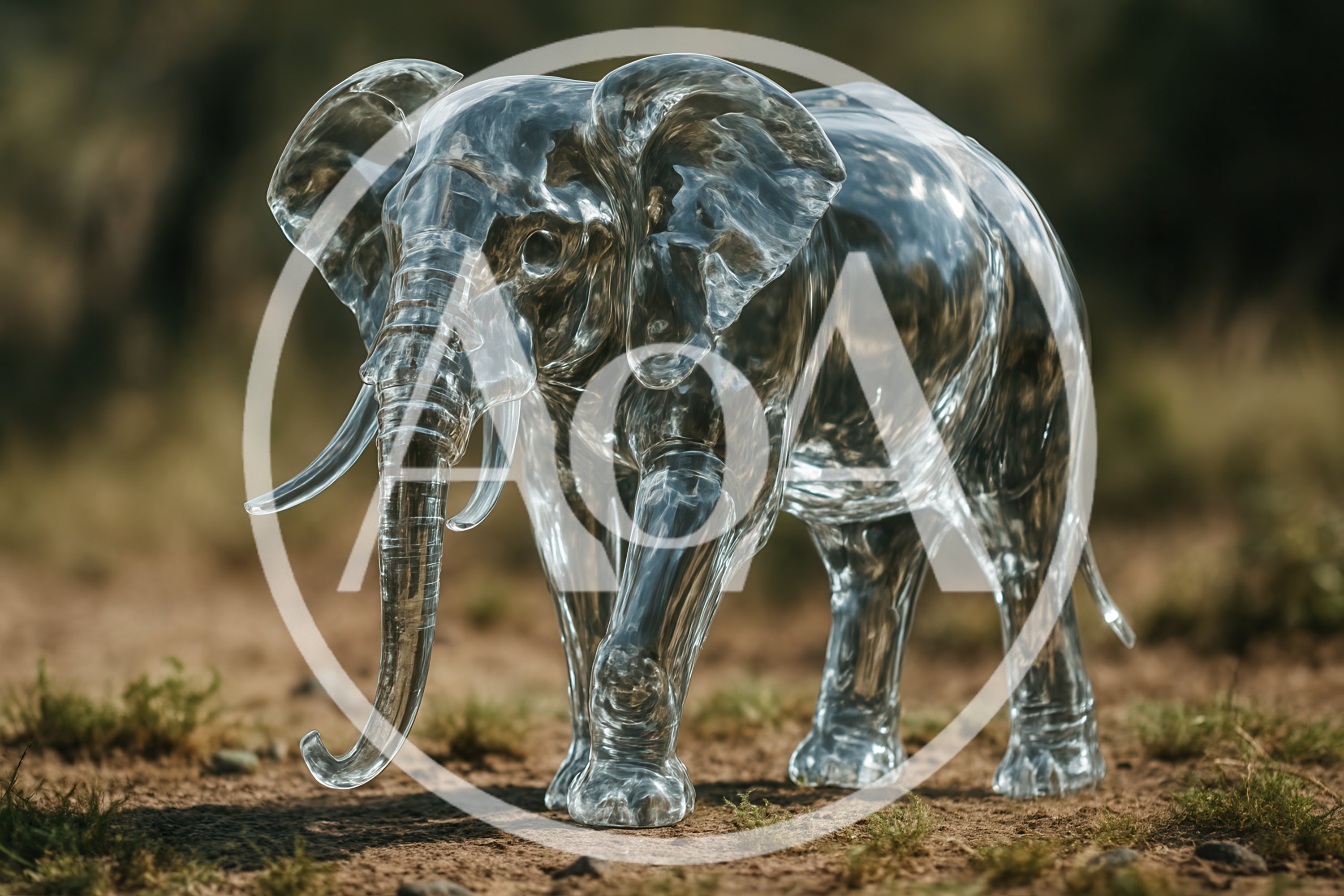 Transparent Glass Elephant Sculpture Standing On Dry Ground