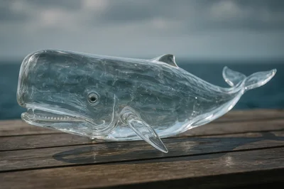 Glass Sperm Whale Sculpture On A Wooden Pier