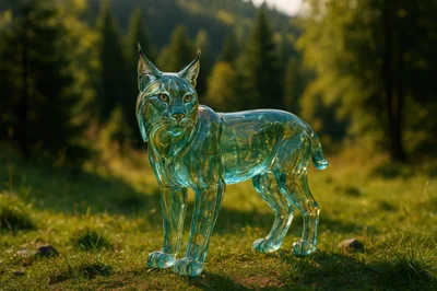Glass Lynx Sculpture Standing In A Forest Clearing