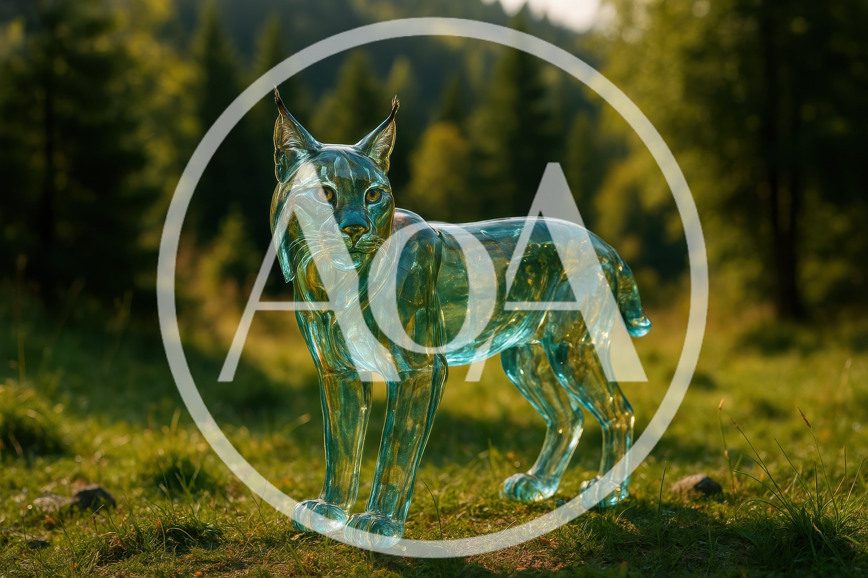 Glass Lynx Sculpture Standing In A Forest Clearing
