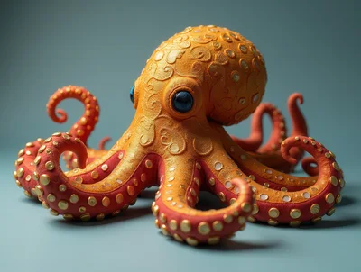 Ornate Golden Octopus Sculpture on Blue Background