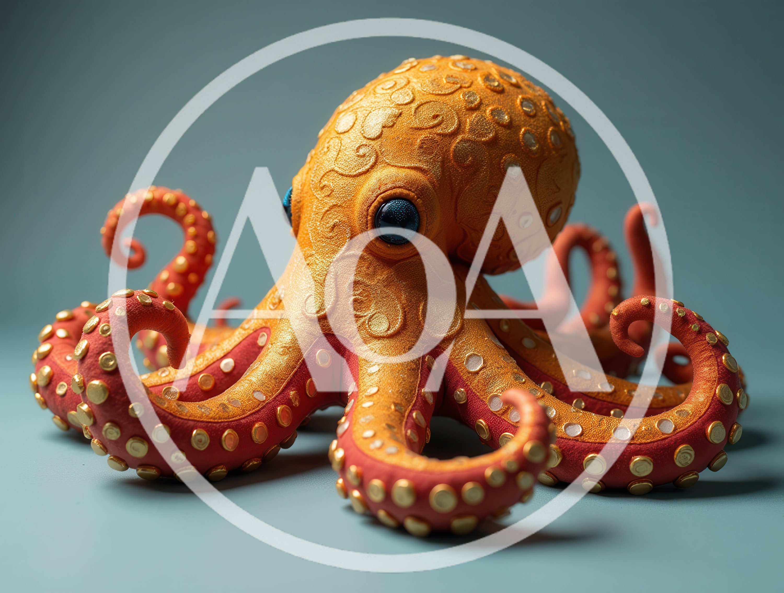 Ornate Golden Octopus Sculpture on Blue Background