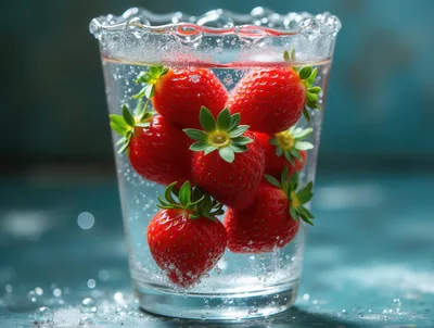 Fresh Strawberries Submerged In A Glass Of Sparkling Water