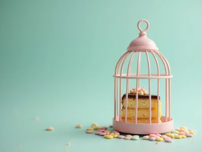 Slice Of Layer Cake Inside A Decorative Pink Birdcage