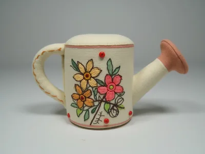 Handmade Fabric Watering Can Pincushion With Floral Embroidery