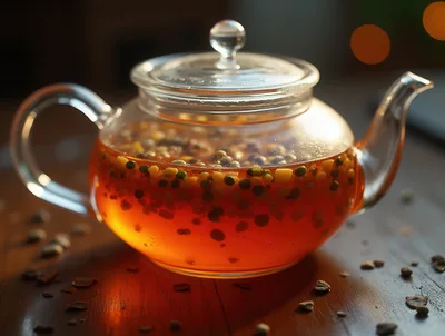 Glass Teapot Filled With Herbal Infusion And Grains