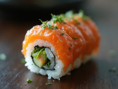 Fresh Salmon Sushi Roll on Dark Wooden Surface