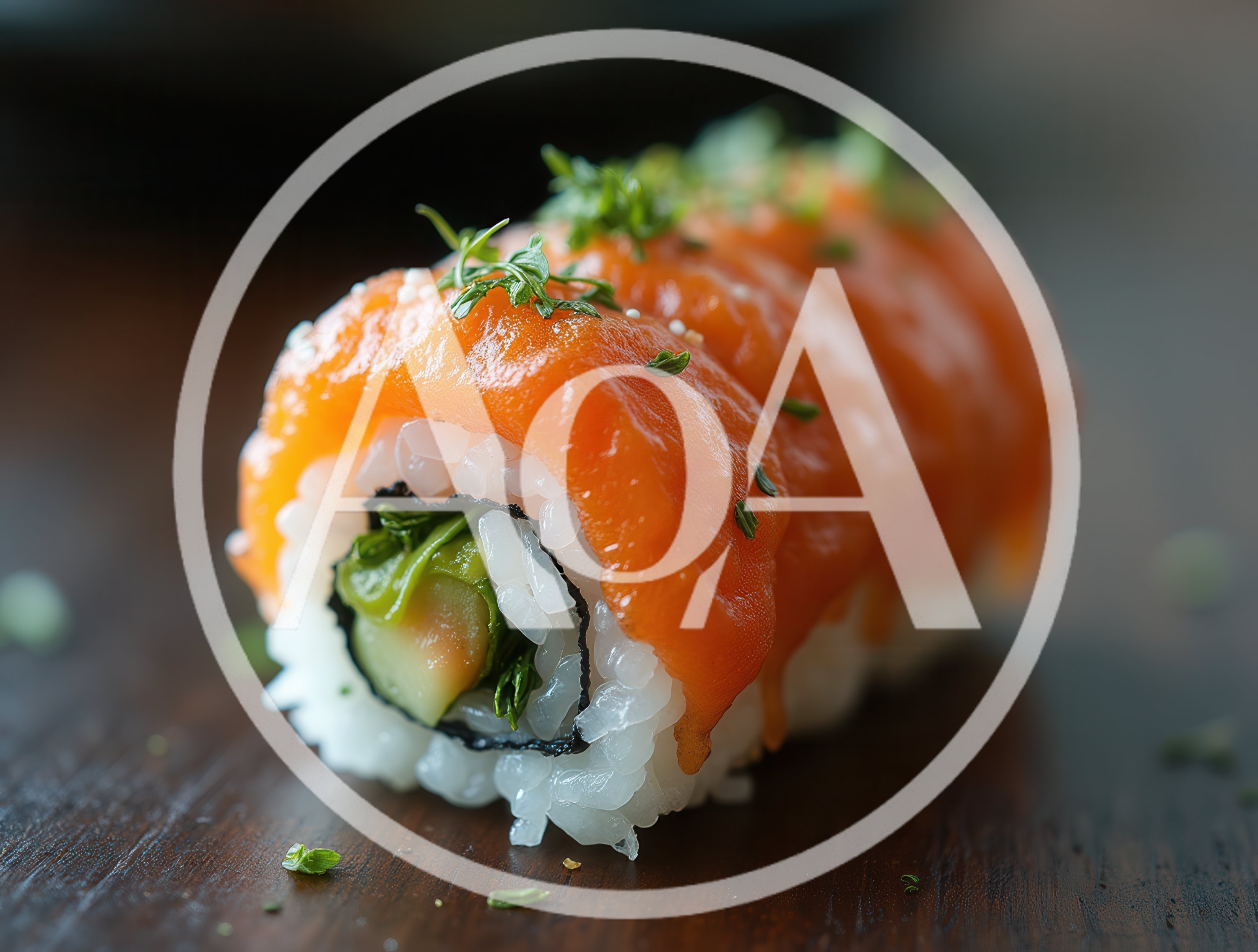 Fresh Salmon Sushi Roll on Dark Wooden Surface
