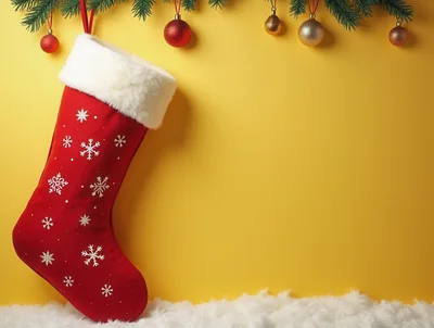 Red Christmas Stocking Hanging Against Yellow Background