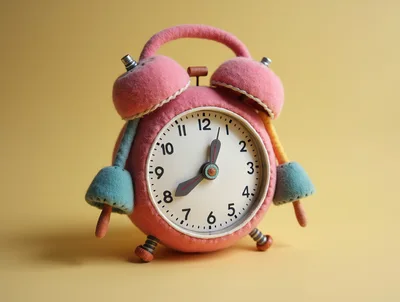 Plush Pink Alarm Clock On Yellow Background