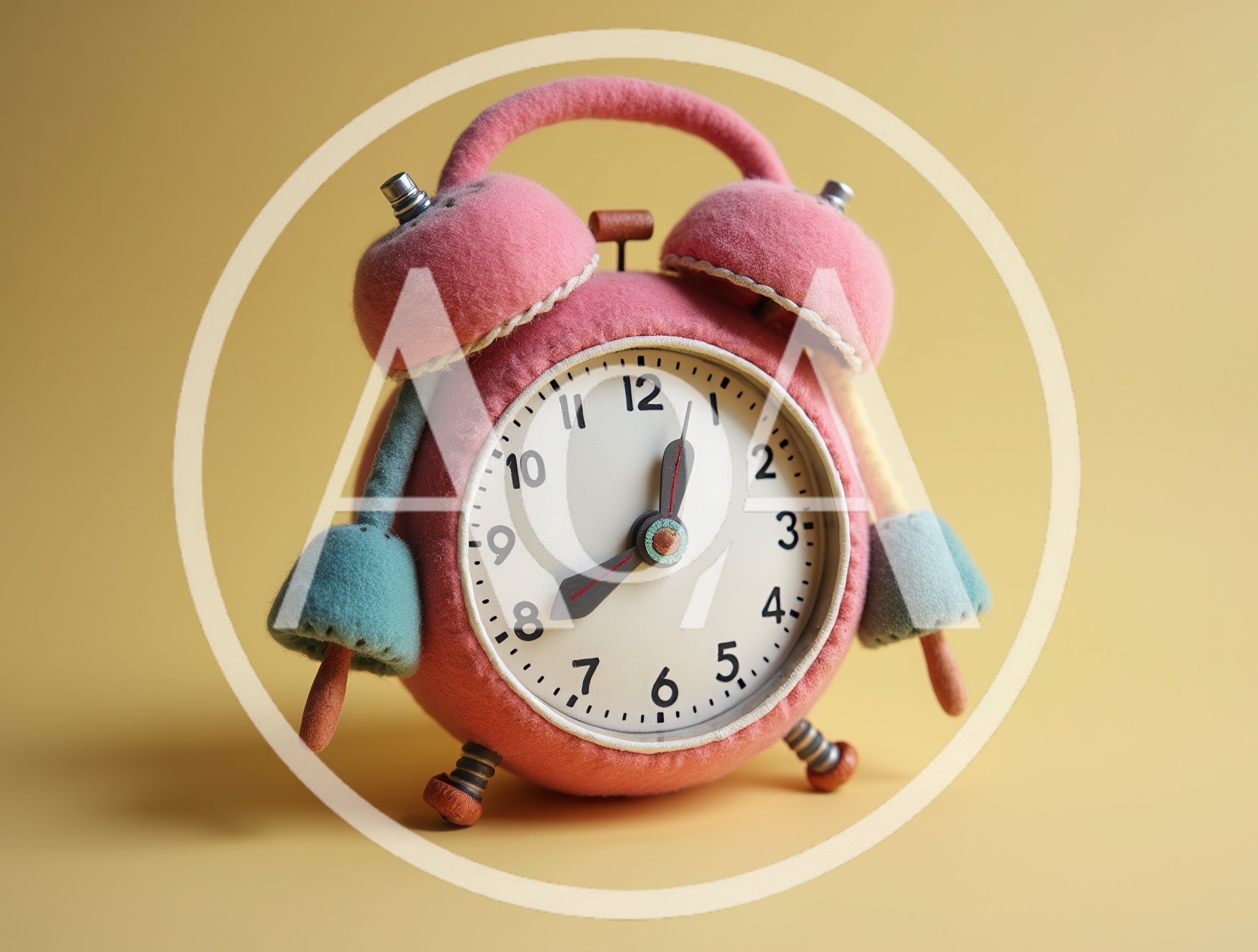 Plush Pink Alarm Clock On Yellow Background