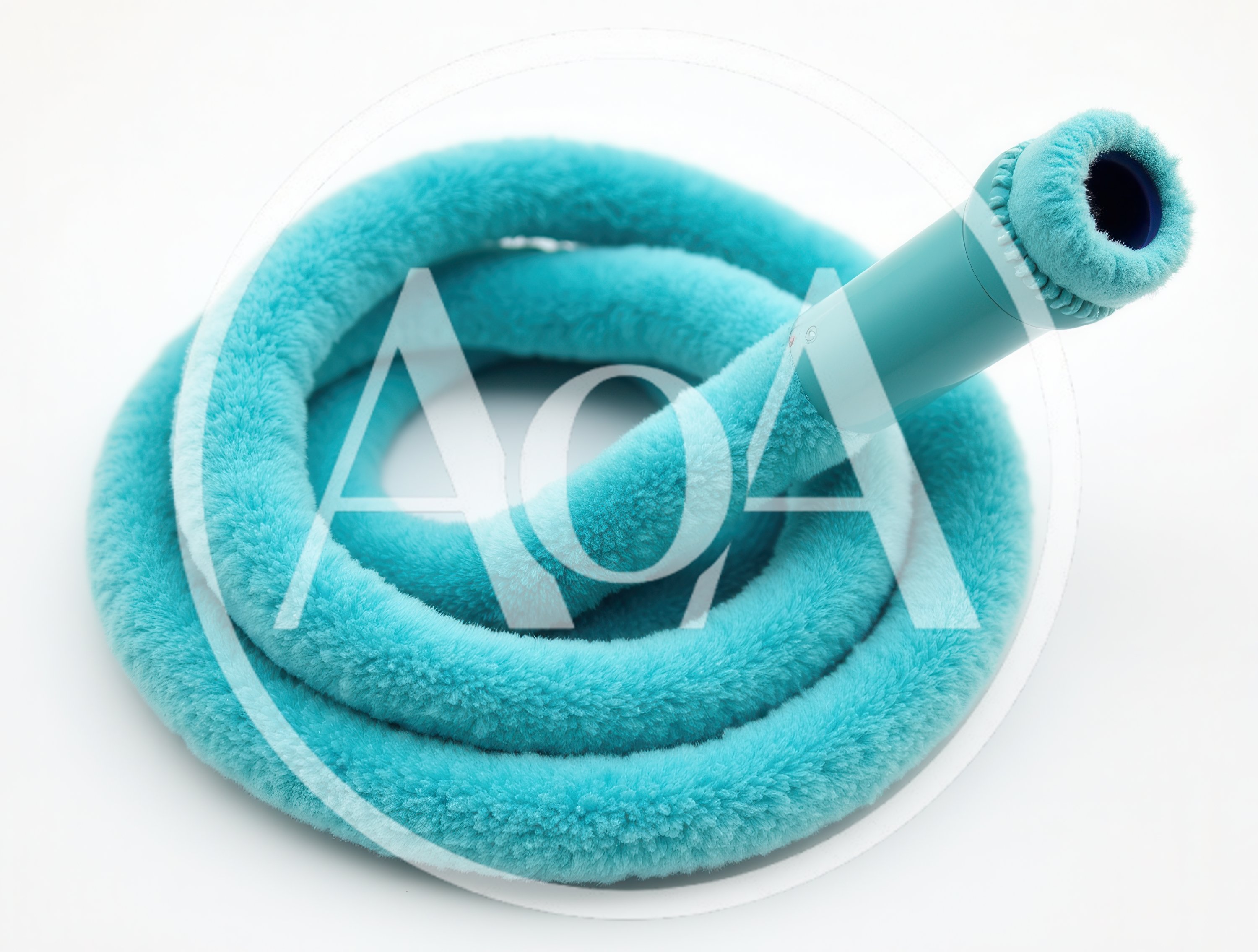 Coiled Turquoise Fuzzy Garden Hose On White Background