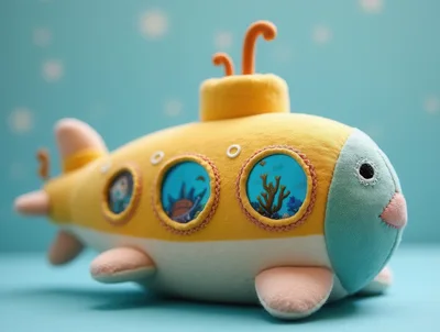 Plush Yellow Submarine Toy On Blue Background
