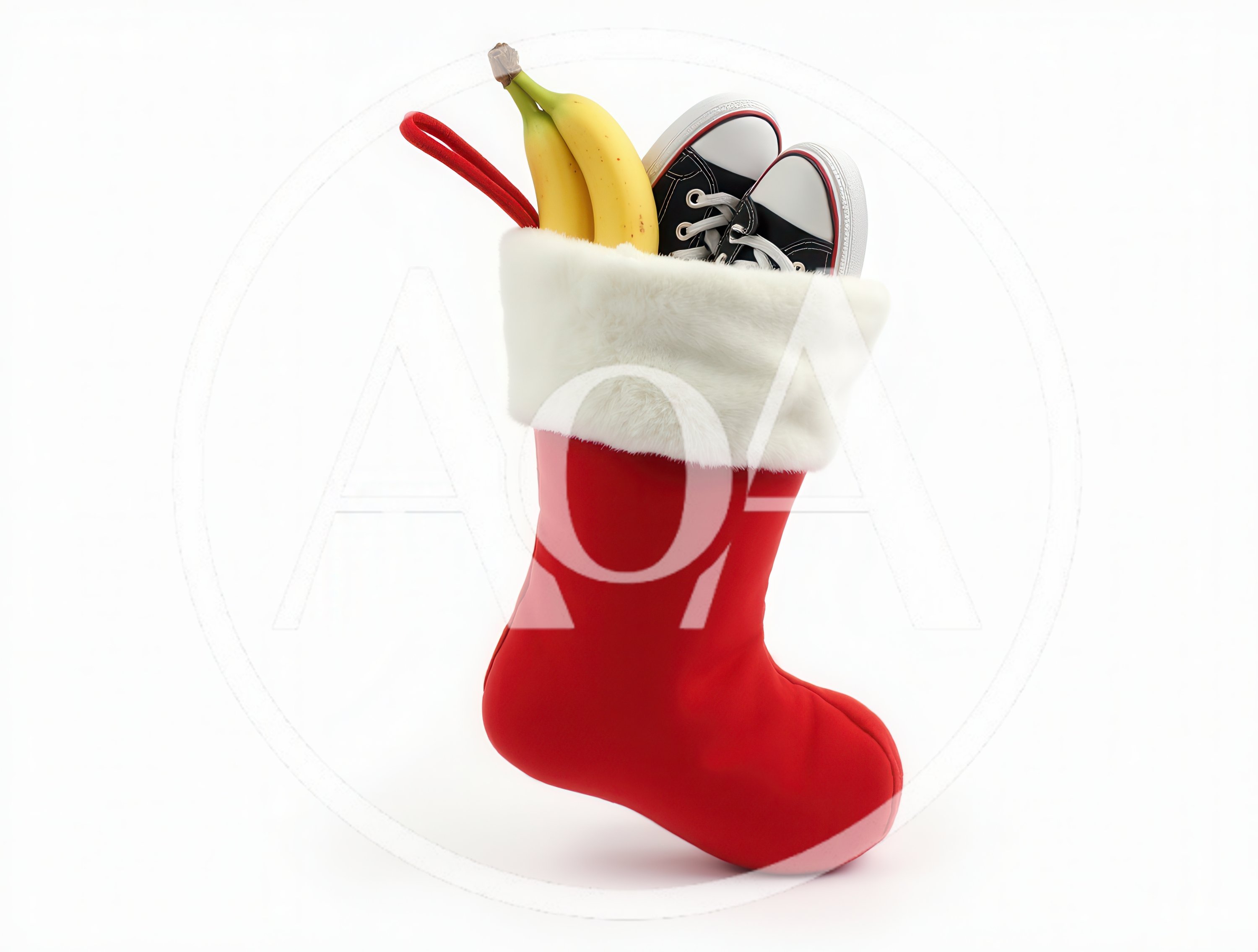 Christmas Stocking Filled With Bananas And Sneakers
