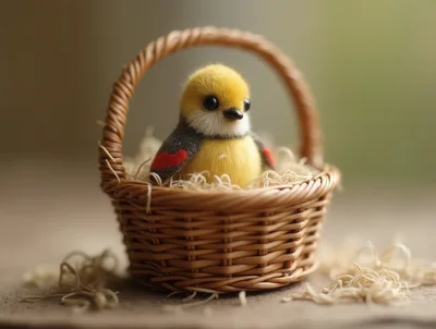 Small Yellow Bird Sitting In A Woven Basket