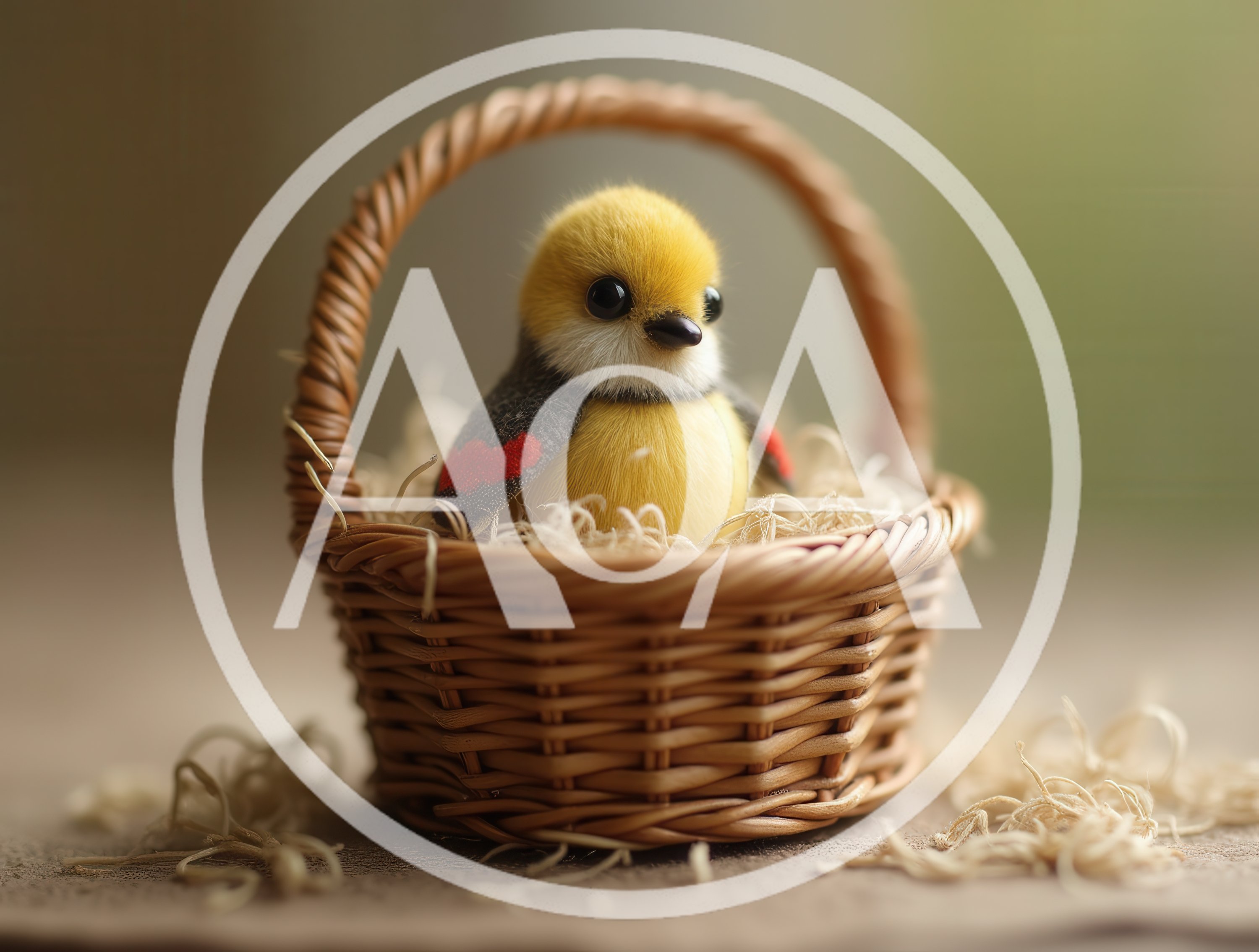 Small Yellow Bird Sitting In A Woven Basket