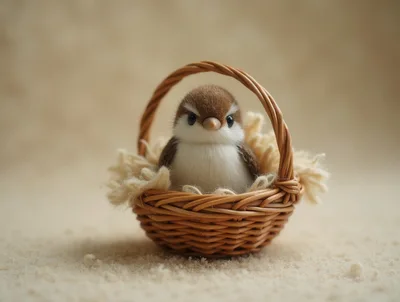 Small Fluffy Bird Sitting In A Woven Basket