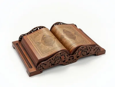 Open Quran On An Ornate Wooden Stand