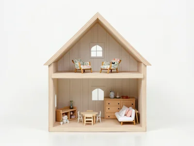 Miniature Wooden Dollhouse With Detailed Furniture Interior