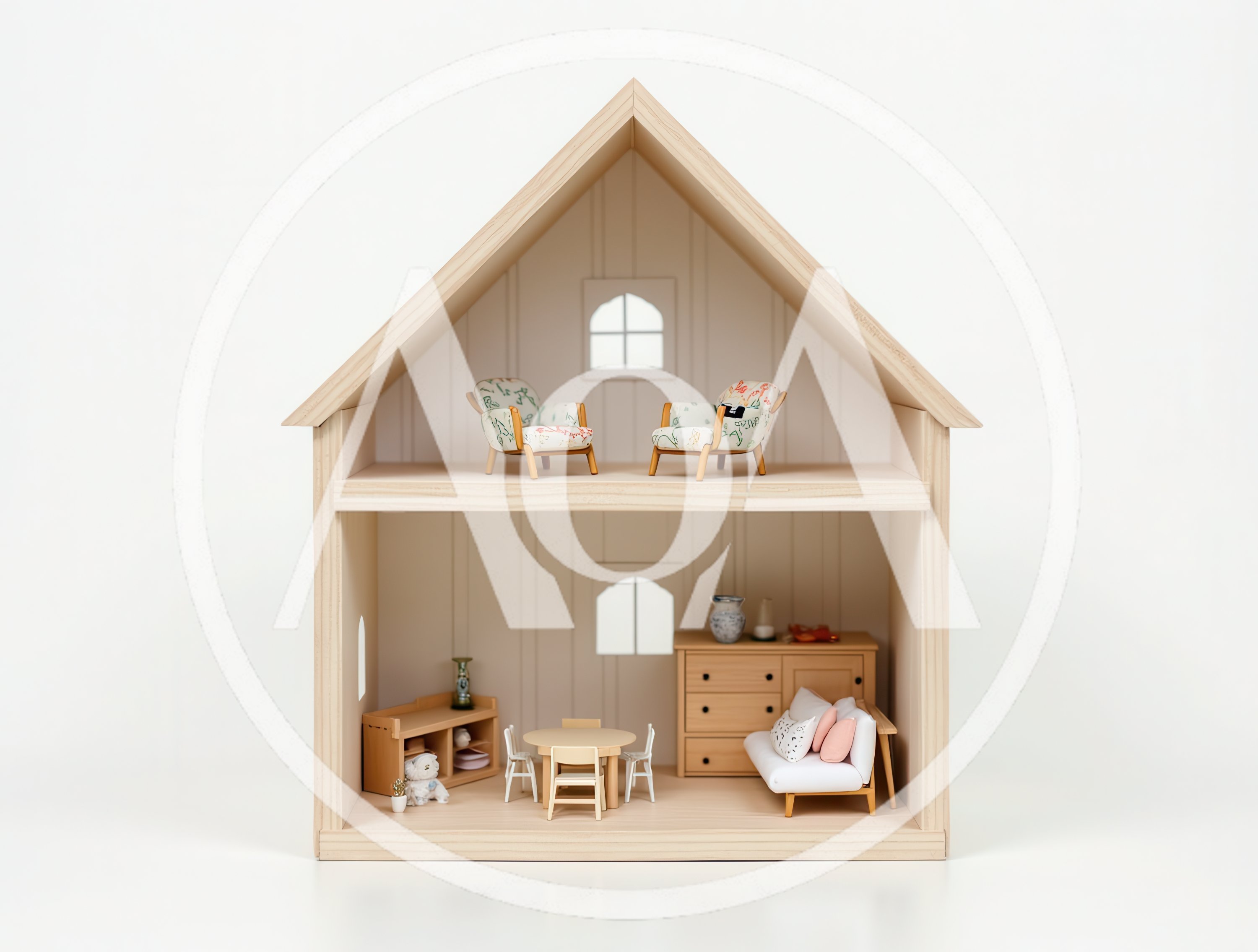 Miniature Wooden Dollhouse With Detailed Furniture Interior