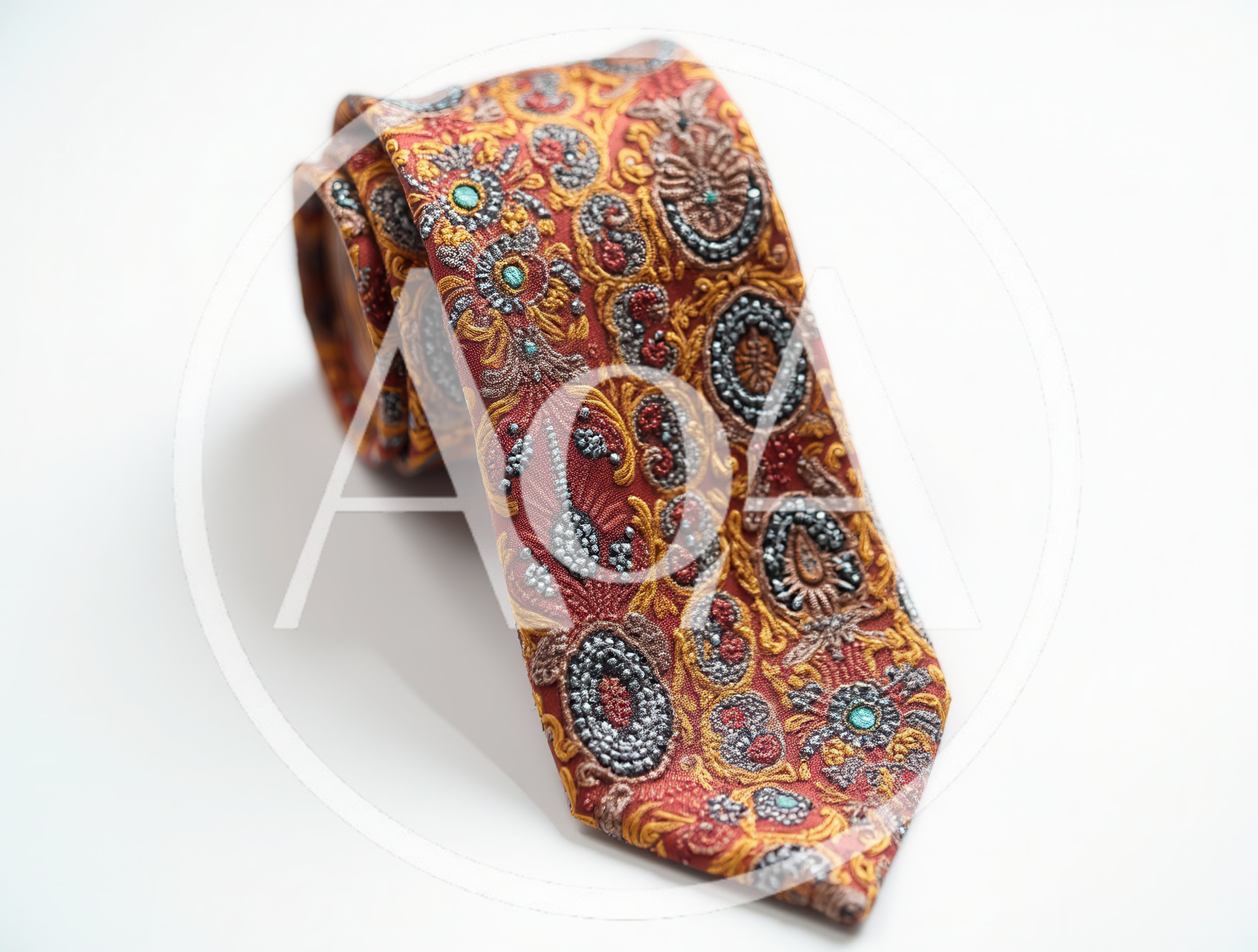 Rolled Red And Gold Paisley Pattern Necktie