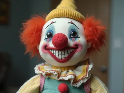 Close Up Portrait Of A Creepy Clown Doll