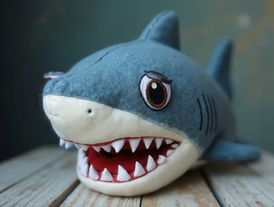 Plush Shark Toy With Open Mouth On Wooden Surface