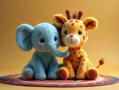 Plush Elephant and Giraffe Toys Sitting on Rug