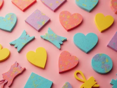 Colorful Geometric Shapes and Hearts on Pink Background