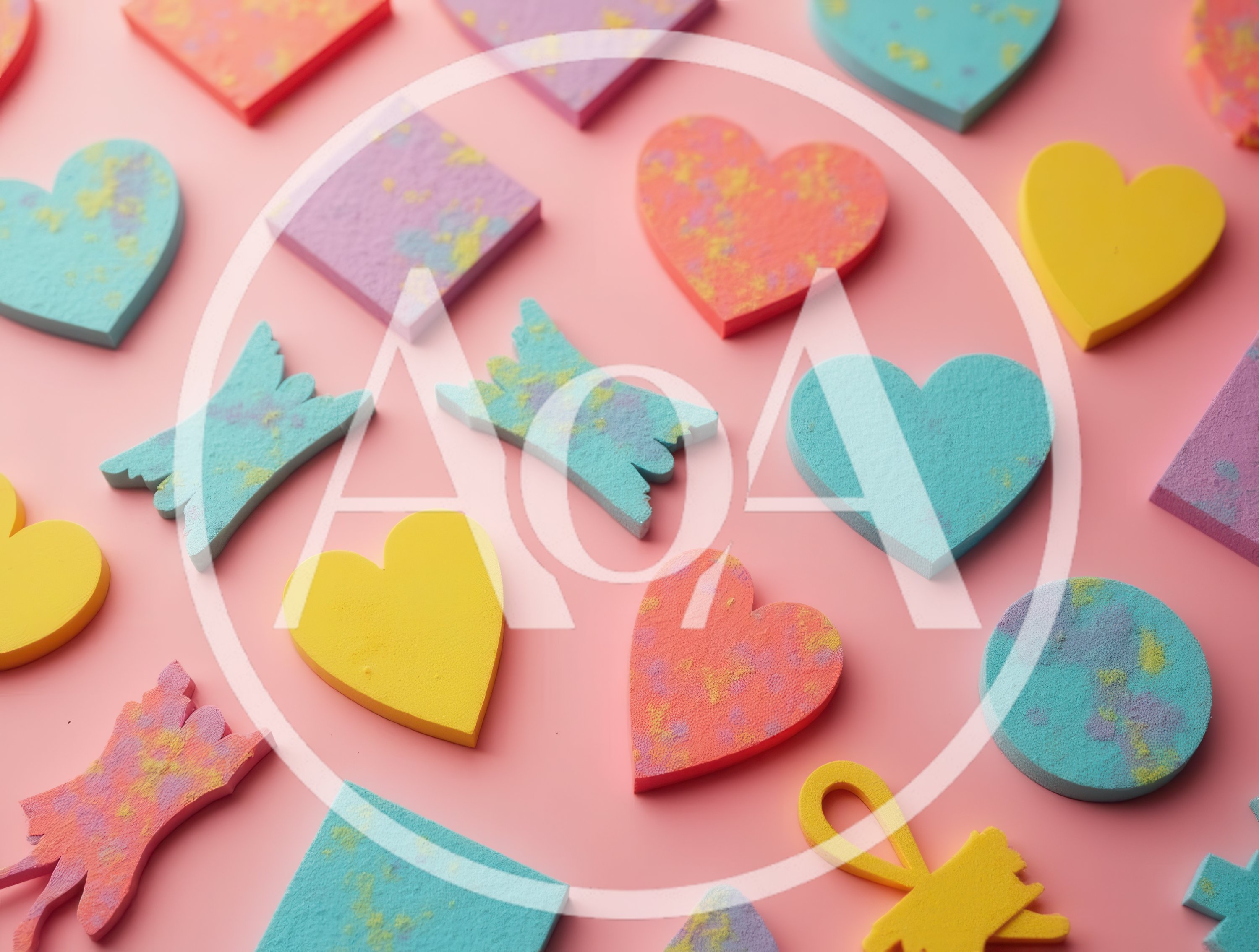 Colorful Geometric Shapes and Hearts on Pink Background