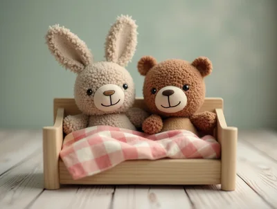 Stuffed Bunny and Teddy Bear Sitting in Wooden Bed