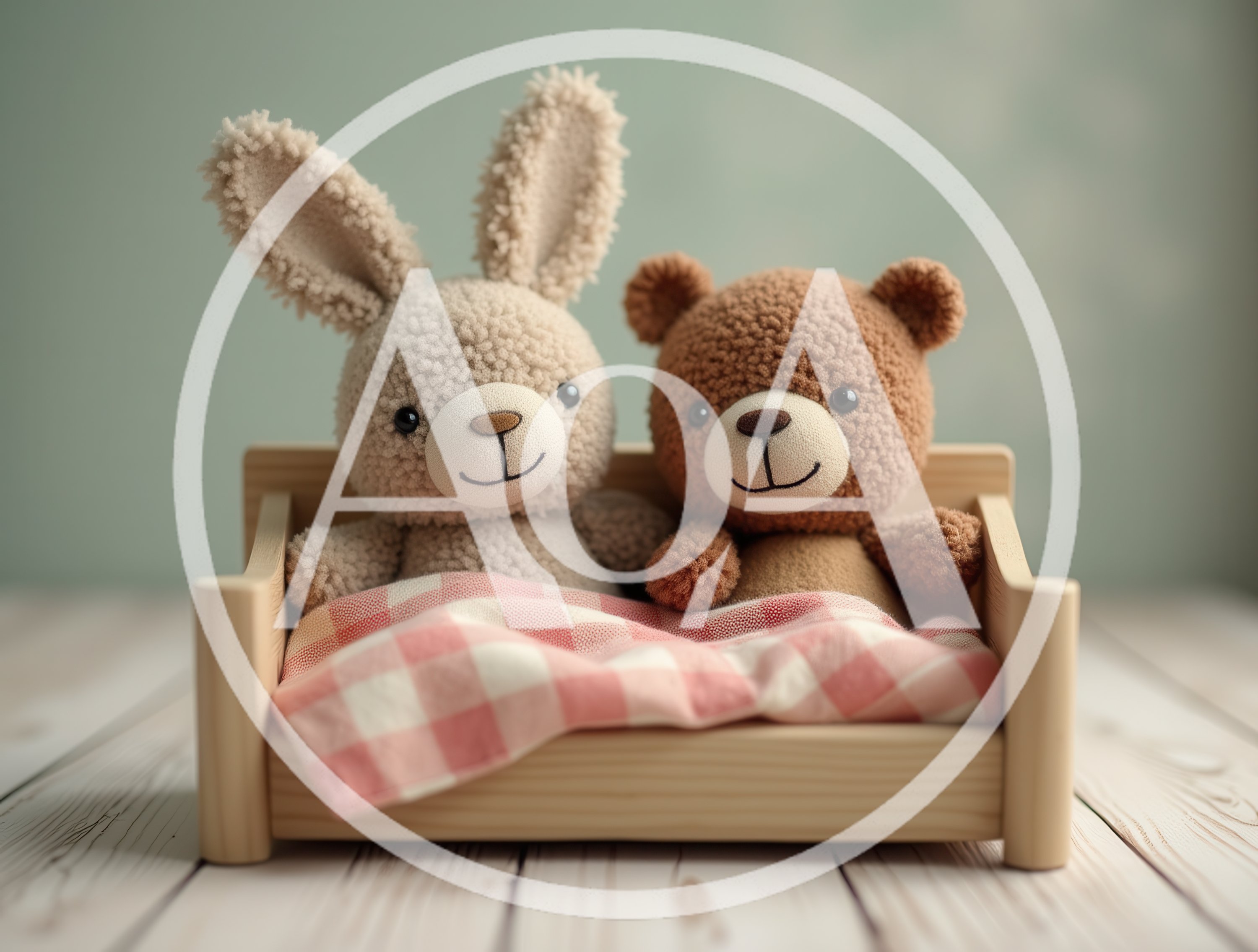 Stuffed Bunny and Teddy Bear Sitting in Wooden Bed