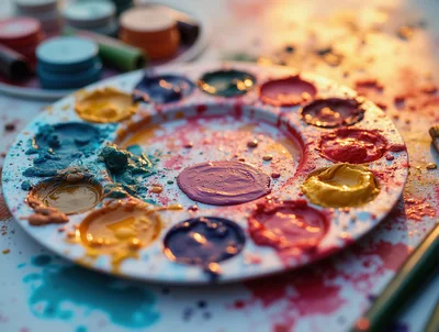 Used Paint Palette With Colorful Watercolor Pigments
