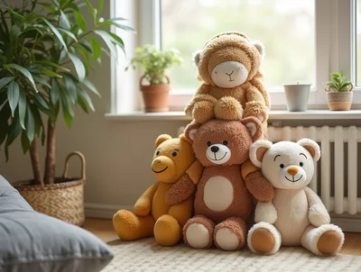 Group Of Stuffed Teddy Bears In A Cozy Room