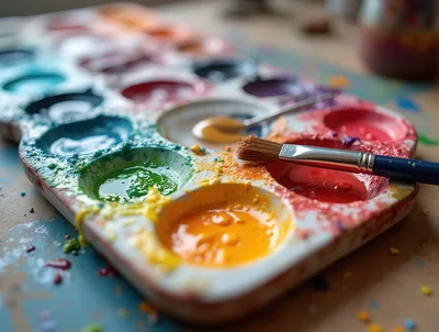 Watercolor Paint Palette With Brush And Messy Workspace