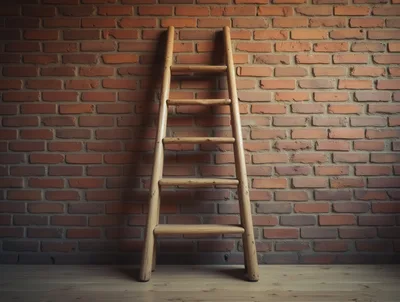 Wooden Ladder Leaning Against A Rustic Brick Wall