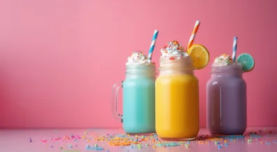 Three Colorful Milkshakes In Mason Jars On Pink Background