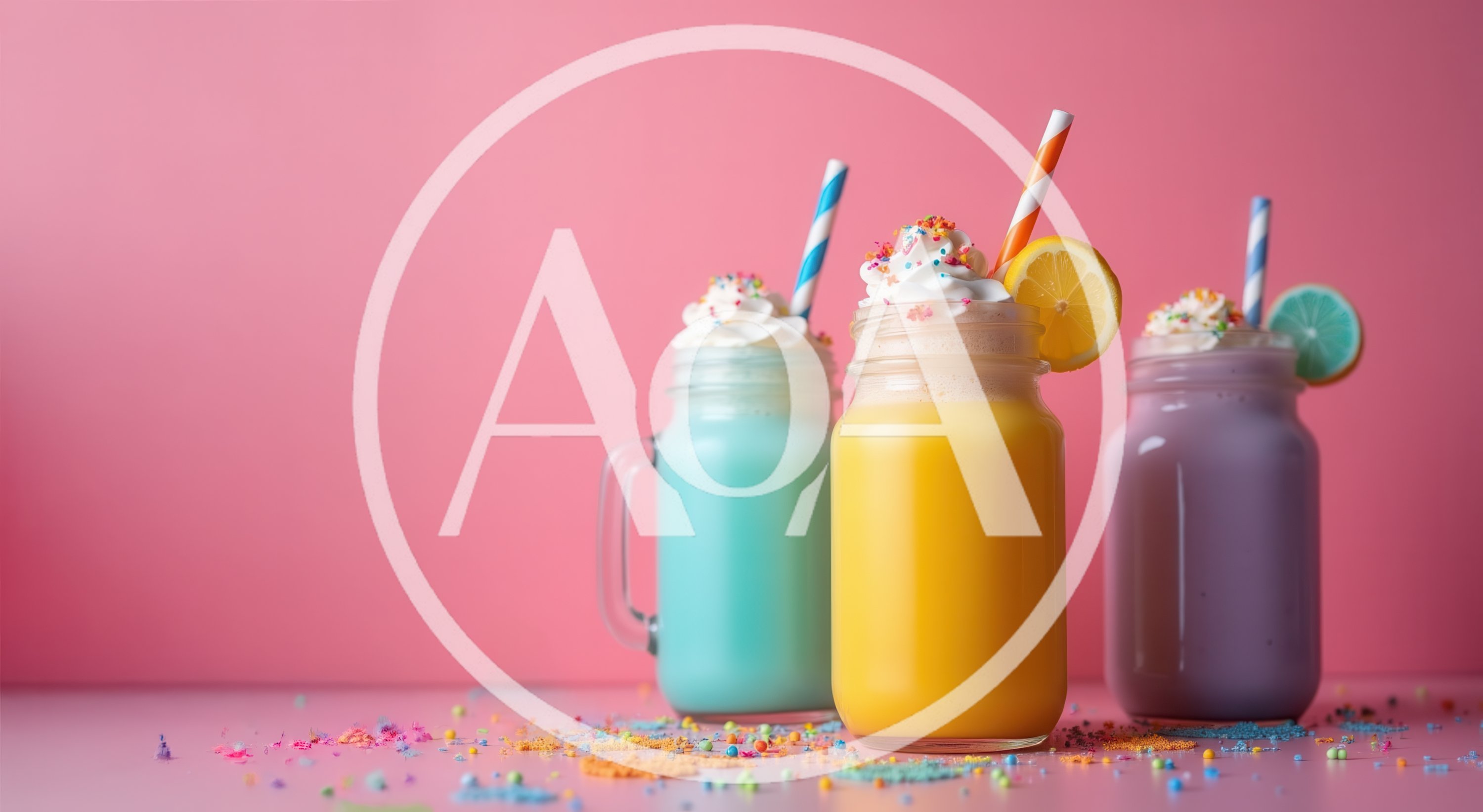 Three Colorful Milkshakes In Mason Jars On Pink Background