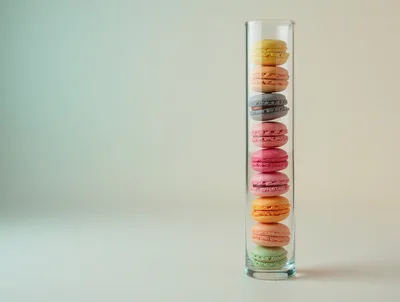 Stack Of Colorful Macarons In A Glass Cylinder