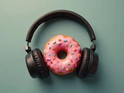 Pink Frosted Donut With Black Over Ear Headphones