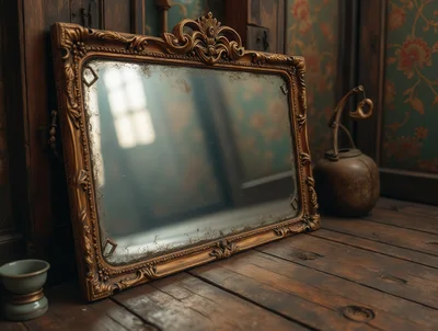 Antique Ornate Gold Mirror On Wooden Surface