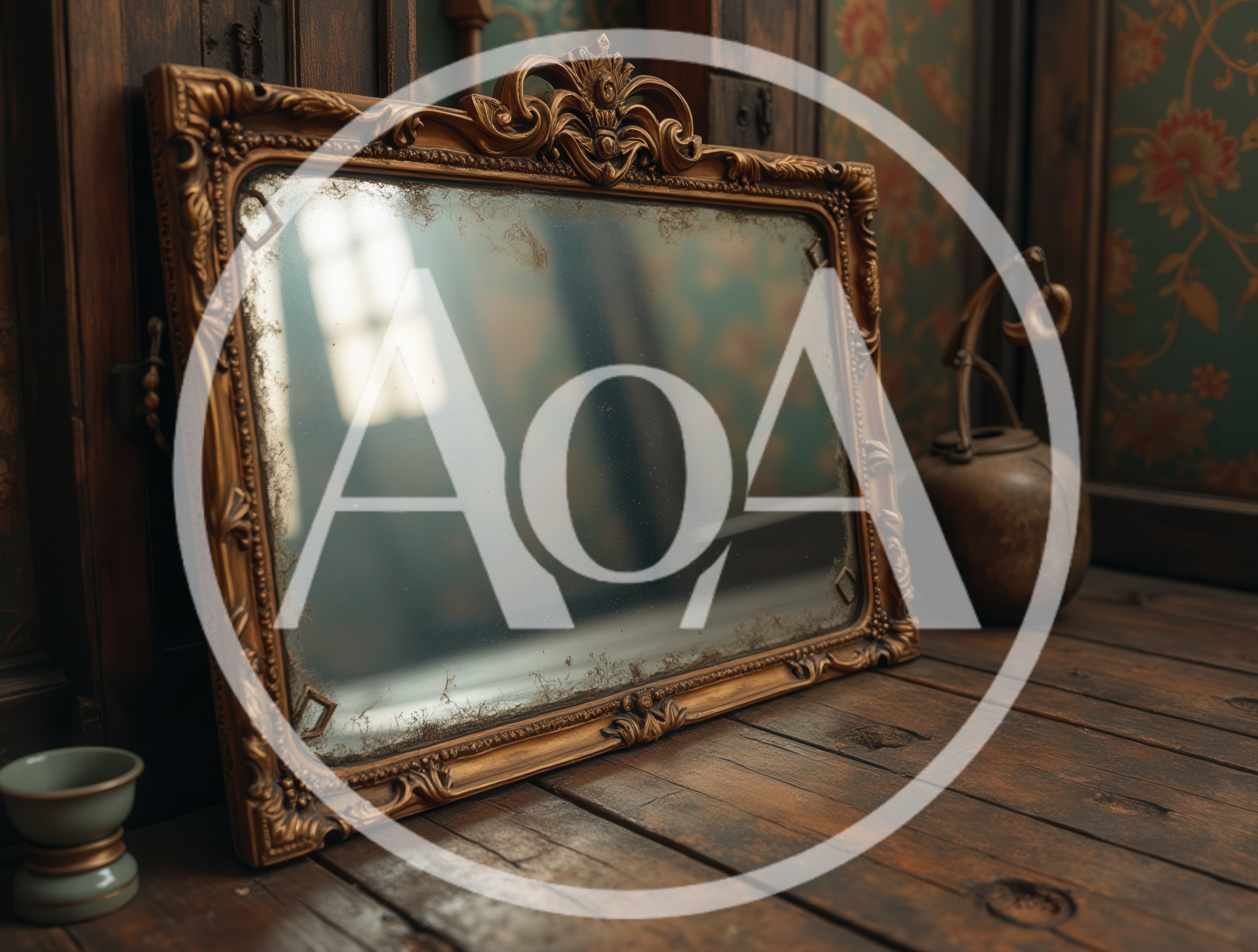 Antique Ornate Gold Mirror On Wooden Surface