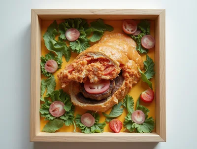 Gourmet Burger Plated in a Wooden Frame