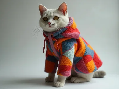 White Cat Wearing A Colorful Patchwork Hoodie
