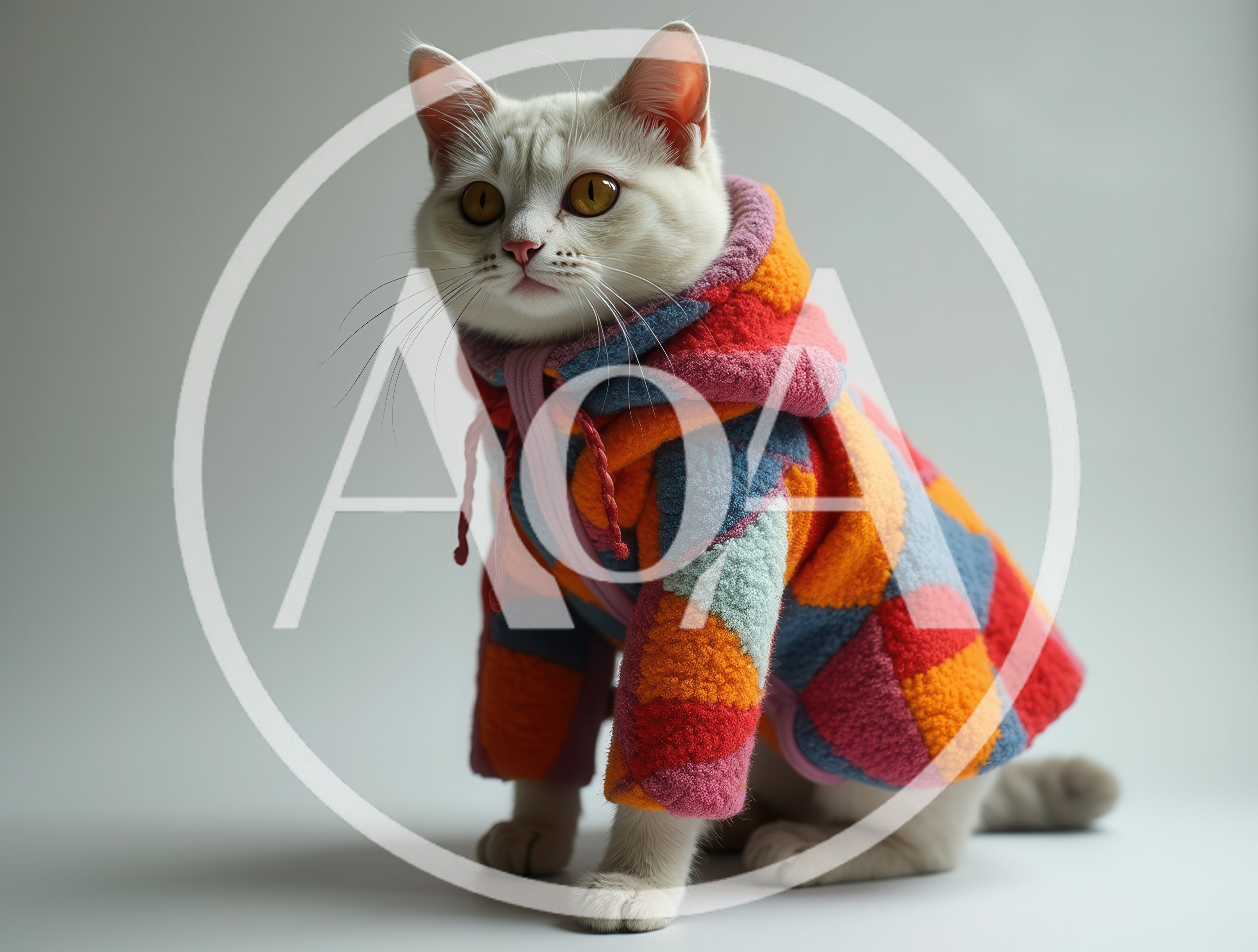 White Cat Wearing A Colorful Patchwork Hoodie