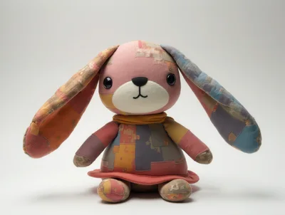 Patchwork Stuffed Rabbit Toy On White Background