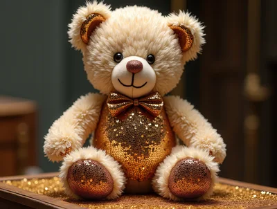Golden Sequin Teddy Bear Sitting On A Table