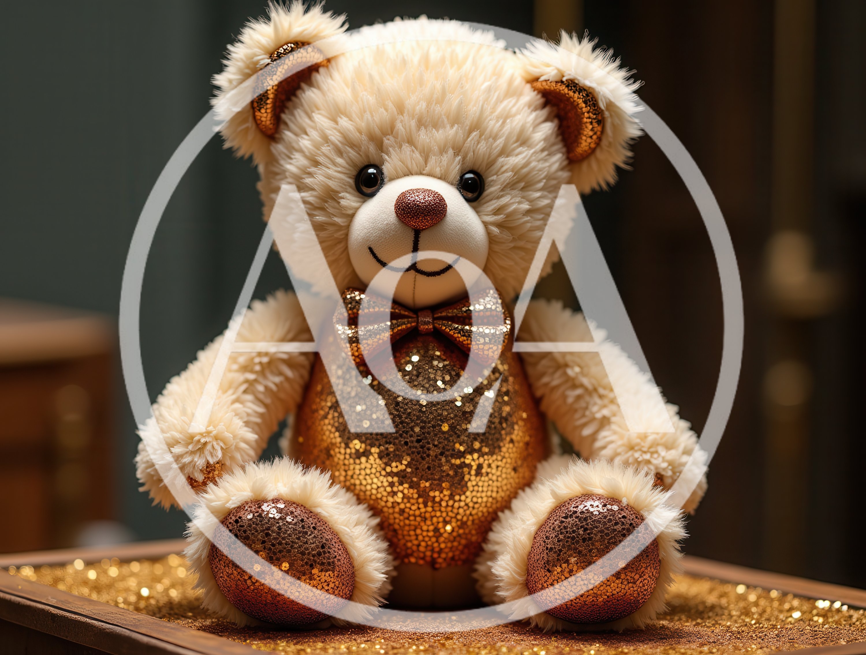 Golden Sequin Teddy Bear Sitting On A Table